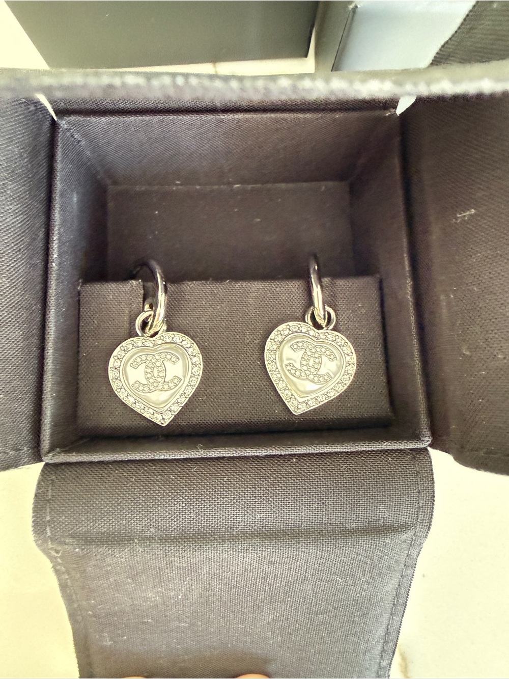 CHANEL Silver Heart Charm Hoop Earrings with Crystal CC brand new full set